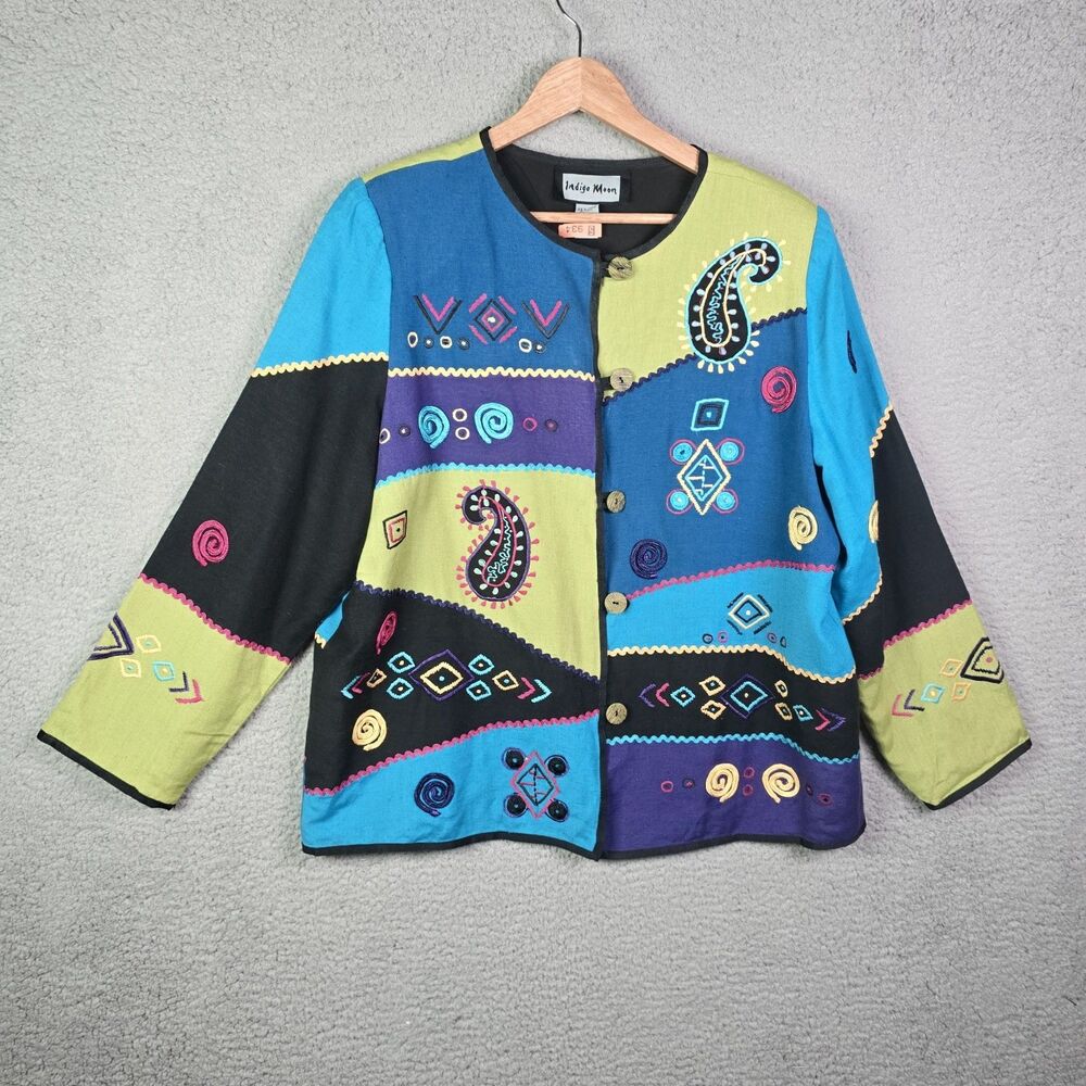 Indigo Moon Patchwork Boho Jacket Blue Green Larg… - image 16